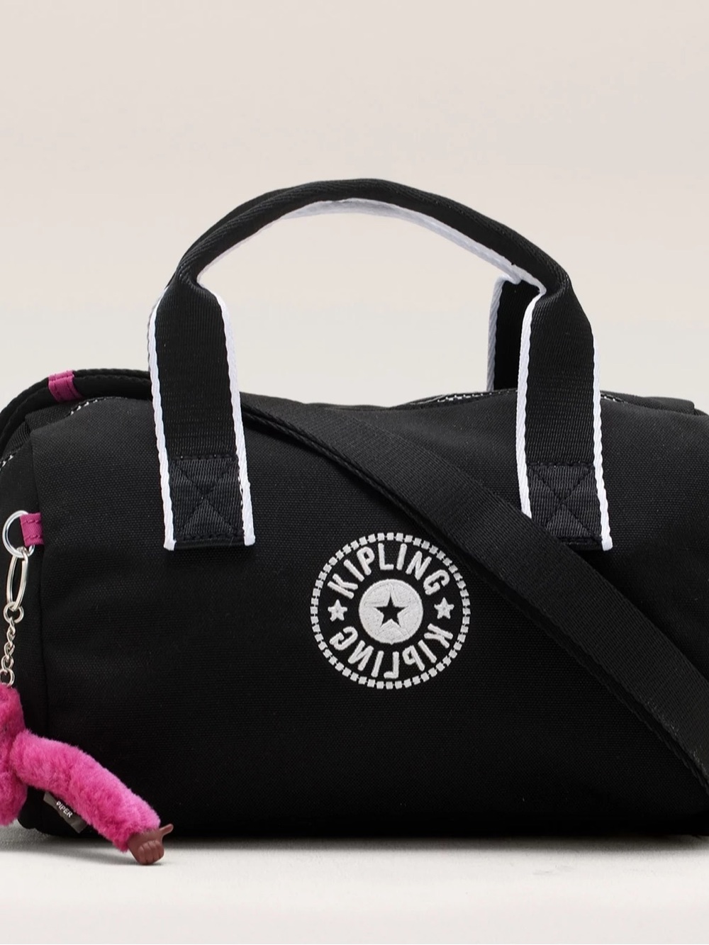 Kipling Black Duffel Bag with Pink Charm Accent